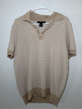 Mark Law Beige & White Micro Stripe Knit Polo Shirt Size Small